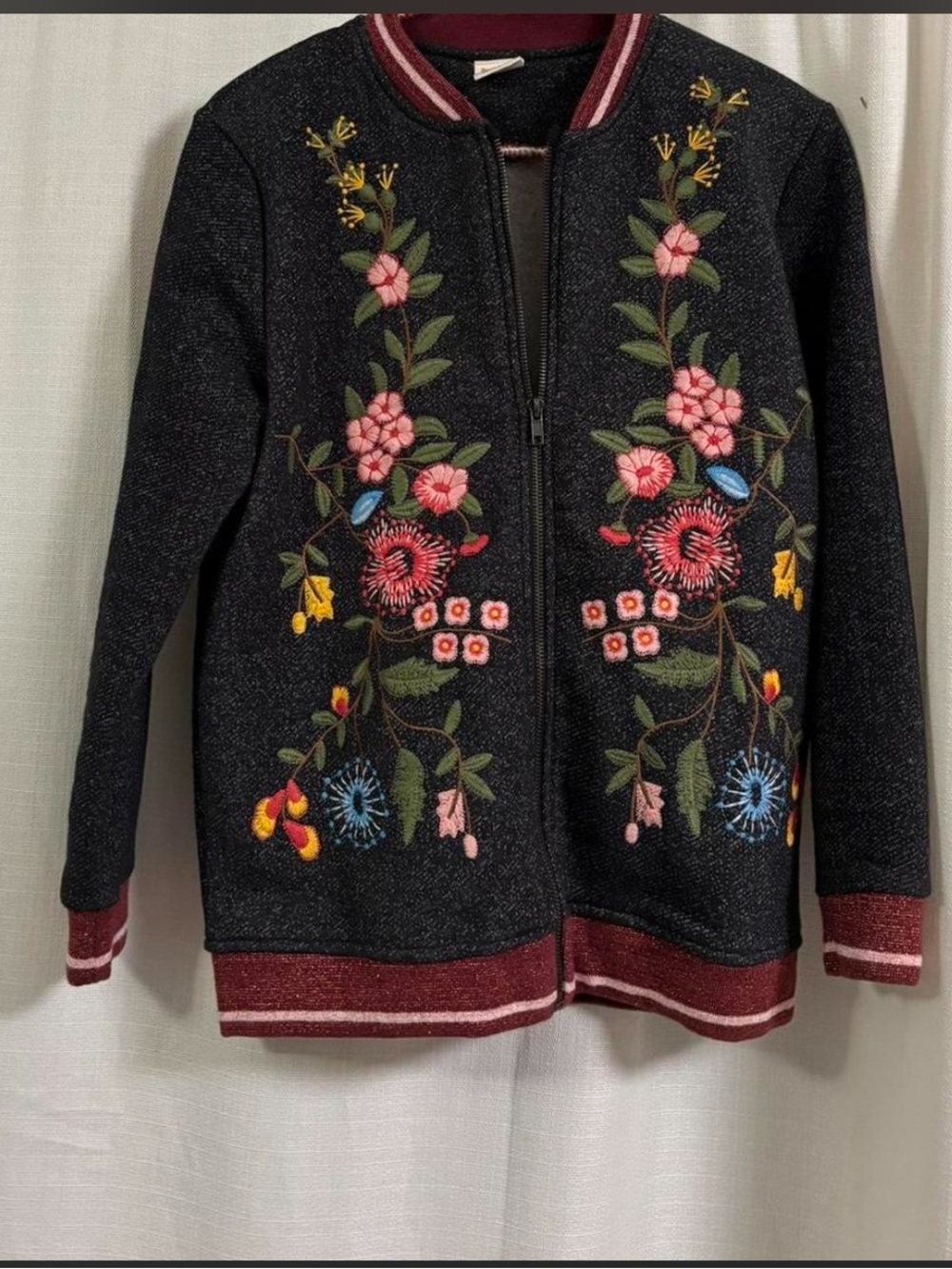 Zara Girls Gray Embroidered Floral Bomber Jacket with Burgundy Trim size 13-14